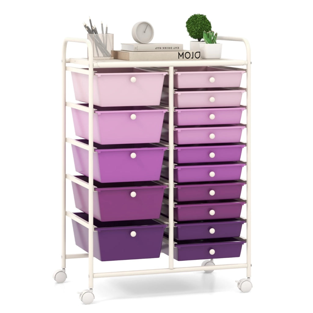 Carrello a rotelle con 15 cassetti impilabili ,Carrello ausiliario con 15 cassetti 62,5 x 37 x 87 cm Viola
