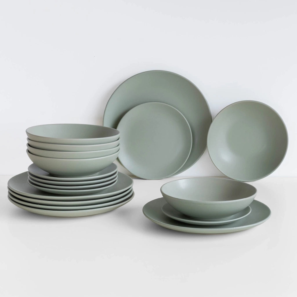 Servizio 18 Pezzi Piatti Cucina In Porcellana Gres Matt Design Moderno Finiture Opache Piatto Fondo Piano Dessert Lavastoviglie Microonde Colorazioni Tinta Unita Certificati Contatto Alimentare Salvia