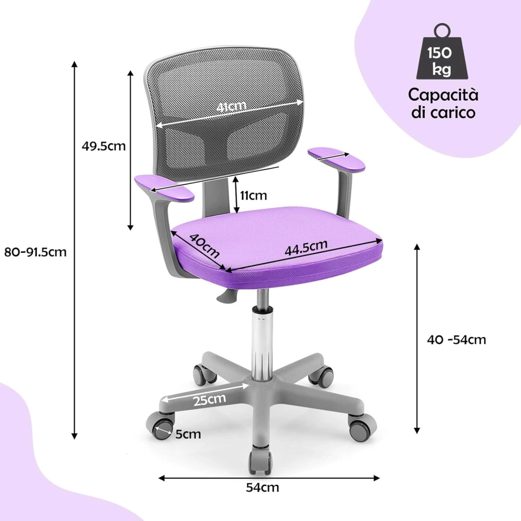 Sedia per Scrivania per Bambini, Sedia per Computer per Bambini con Altezza Regolabile, Ruote con Freni, Sedile Girevole a Rete, Sedia Ergonomica per Bambini 3-10 Anni (Viola chiaro)