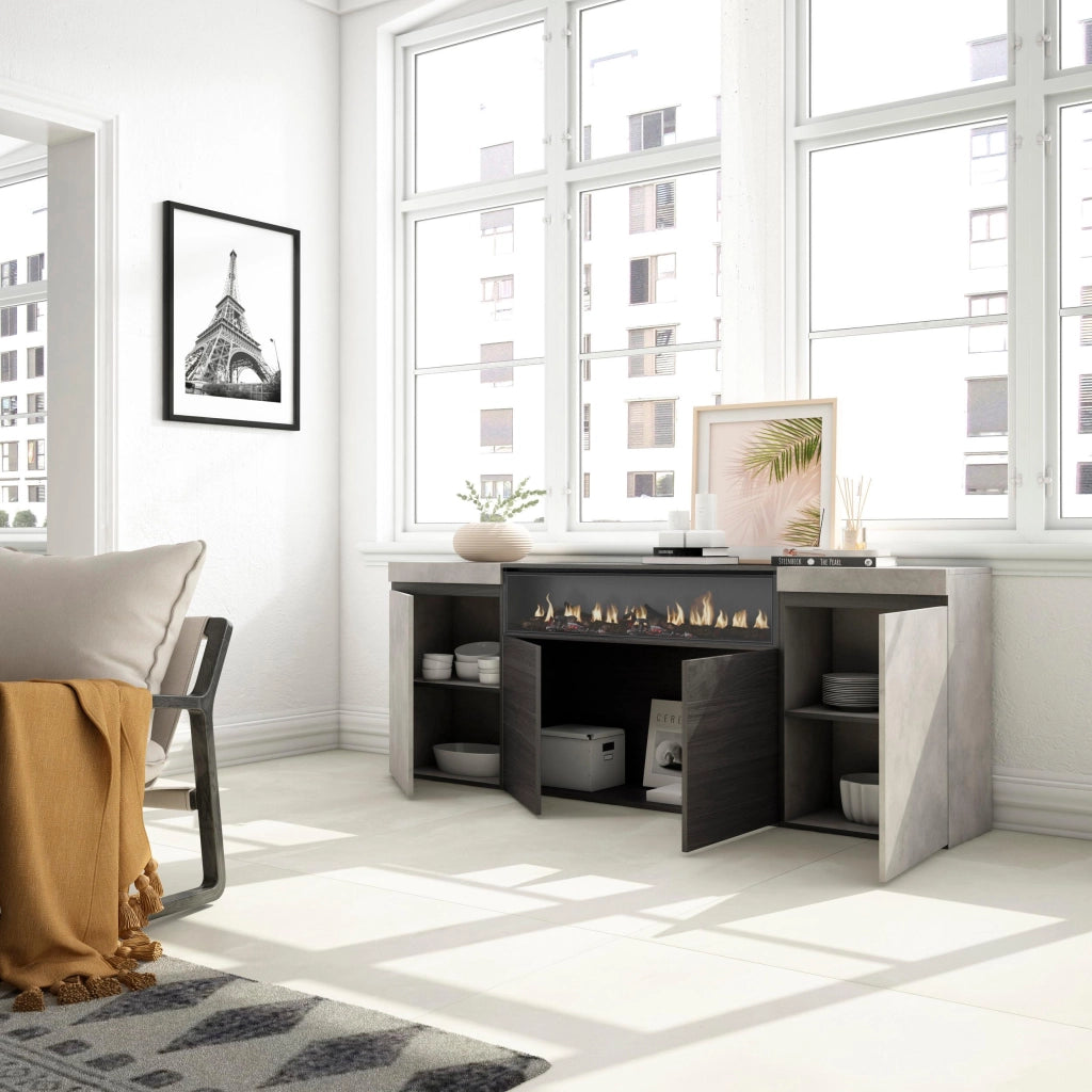 Credenza, Mobile, 200x35x75cm, 4 Porte, Camino elettrico, grigio cemento RF2306