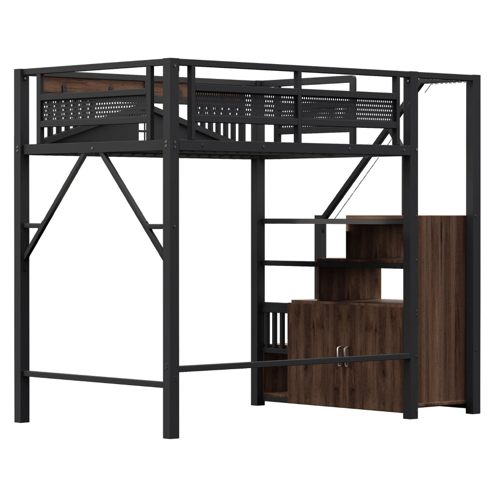 Letto a soppalco in metallo 140x200 cm con vano contenitore, scala laterale e design con finestra