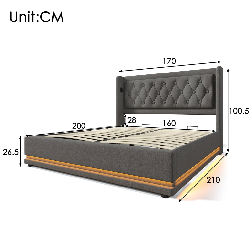 OKWISH Letto Contenitore 160×200 cm, Letto Matrimoniale con USB, Type-C e LED Regolabile, senza Materasso, in Cotone, Grigio