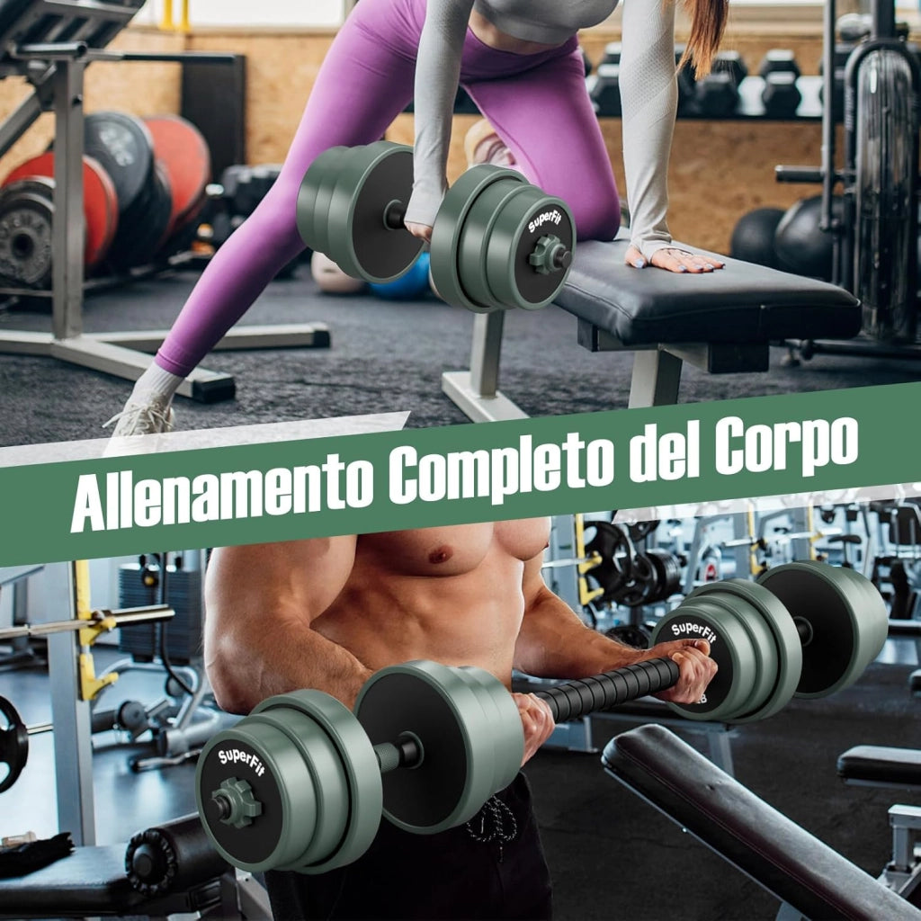 Set di Manubri Regolabili, Set di Pesi Liberi con Connettore, Attrezzi da Palestra Domestica 4 in 1 Include Bilanciere, Manubri, Kettlebell & Supporto per Flessioni per Donne e Uomini