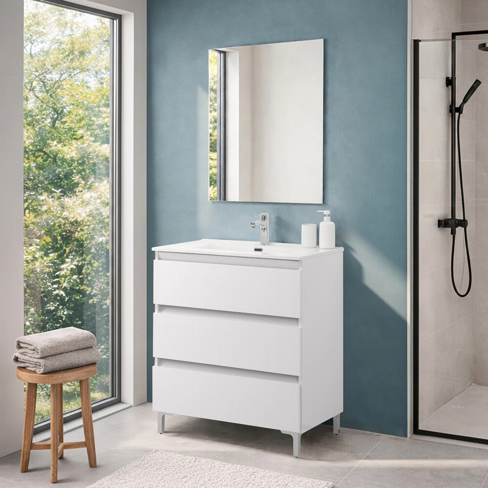 Mobile bagno a terra 80 cm in bianco lucido con lavabo Leda