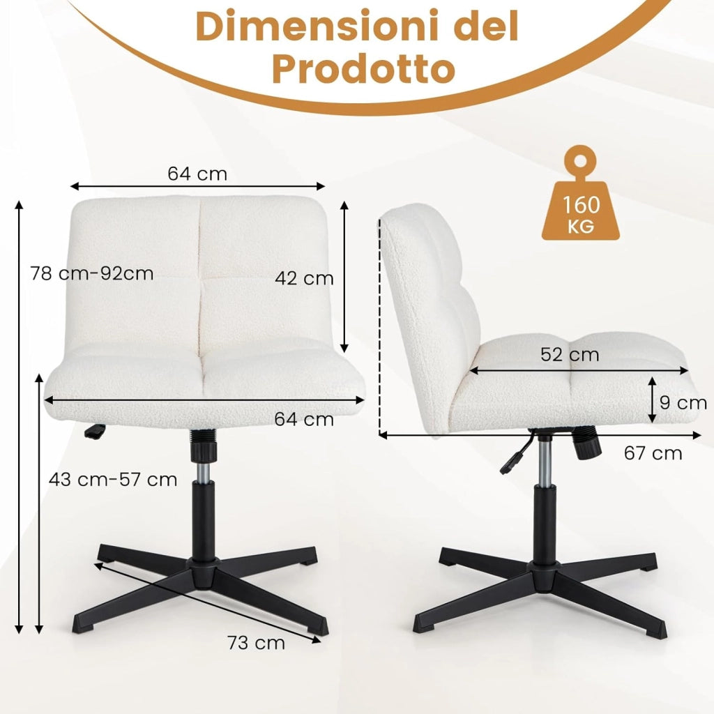 Sedia da Ufficio senza Braccioli, Sedia da Scrivania a Gambe Incrociate con Altezza Regolabile, Rotazione a 360°, Tessuto Morbido, Ampia Seduta Imbottita, Portata 160 kg (Bianco)