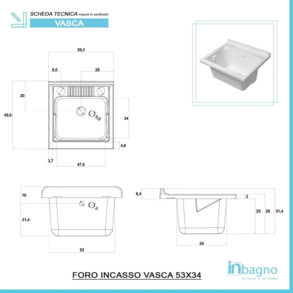 Mobile lavatoio grigio 60x50 cm vasca in resina e asse lavapanni Desya