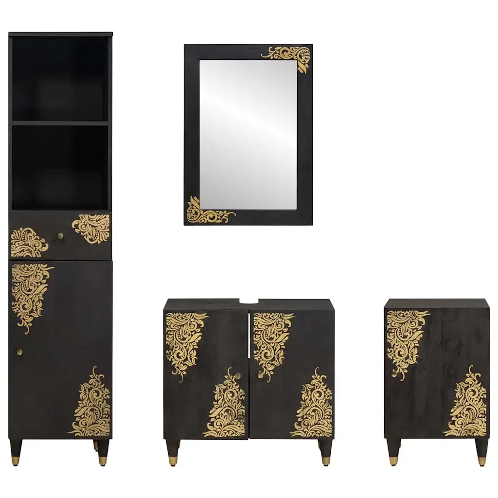 Set di Armadi da Bagno | Armadio da bagno 4 pz Nero Legno di mango massello