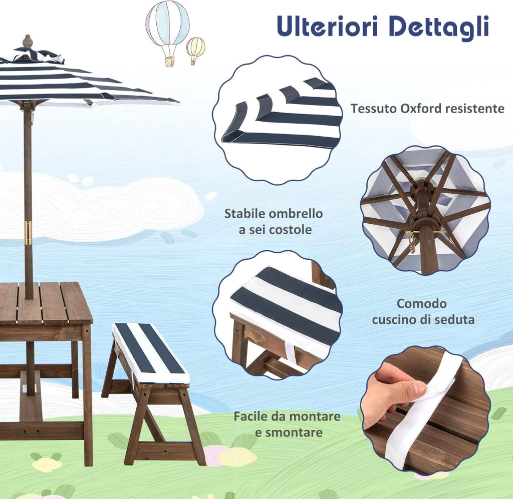 Tavolo da Picnic per Bambini con Parasole Pieghevole, Set di Tavolo e Panca in Legno con Cuscini, per Giardino, Cortile, Patio (Blu)