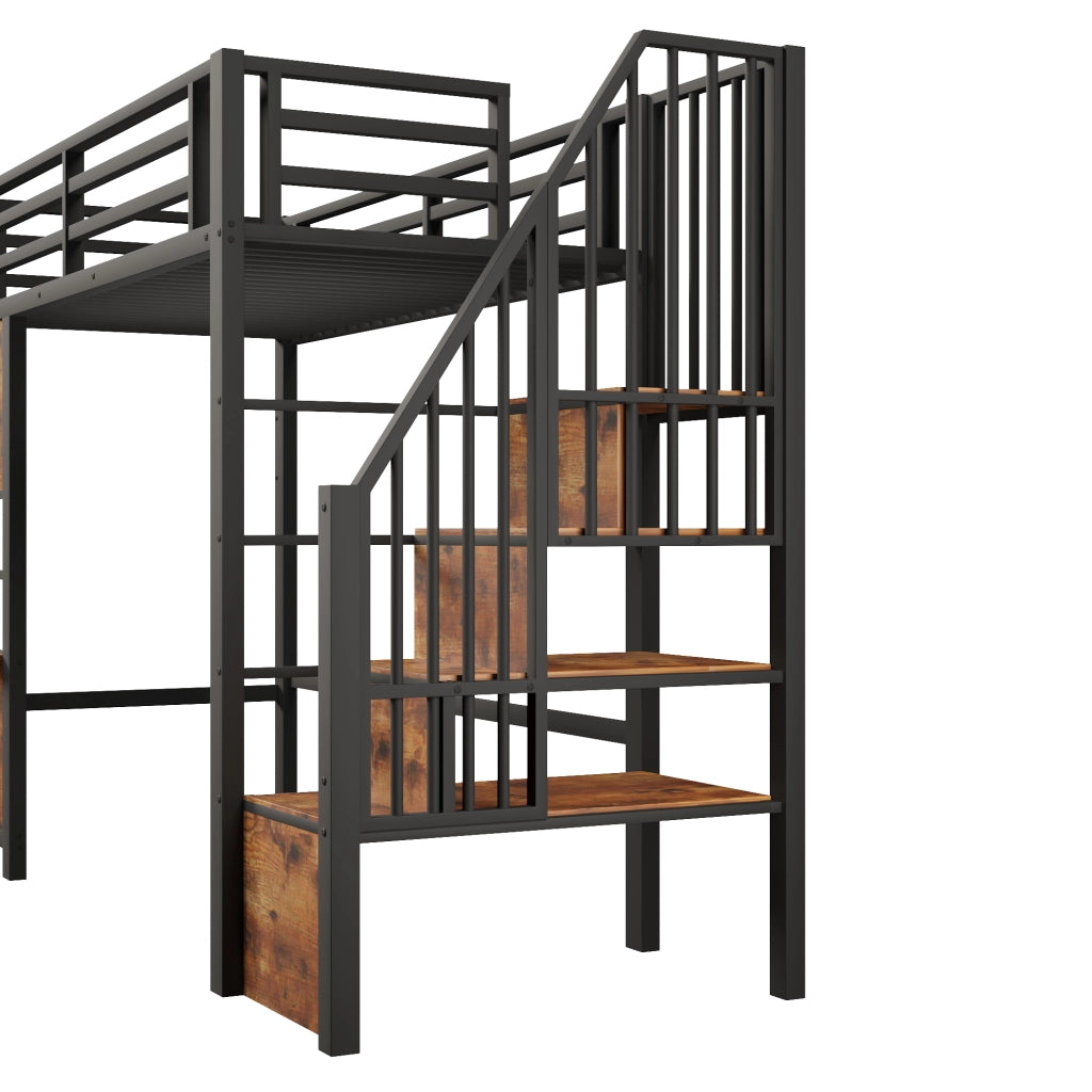 Letto a soppalco 90×200 cm 1 posto con scala; spazio contenitore e area gioco; senza materasso; in metallo e MDF nero