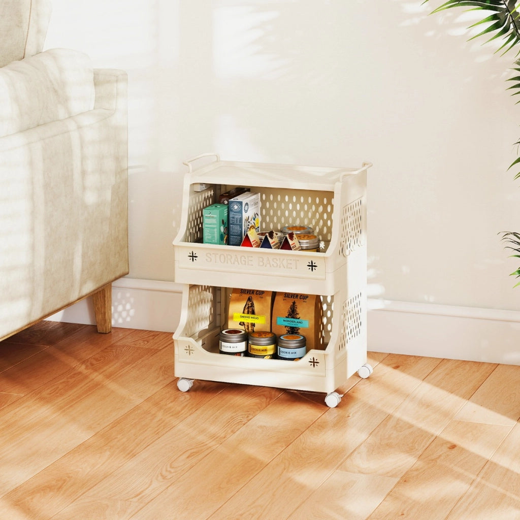 Cestino per bucato 3 piani carrello impilabile in plastica, Cestino per bucato organizzatore aperto per lavanderia Beige-Cesti del bucato