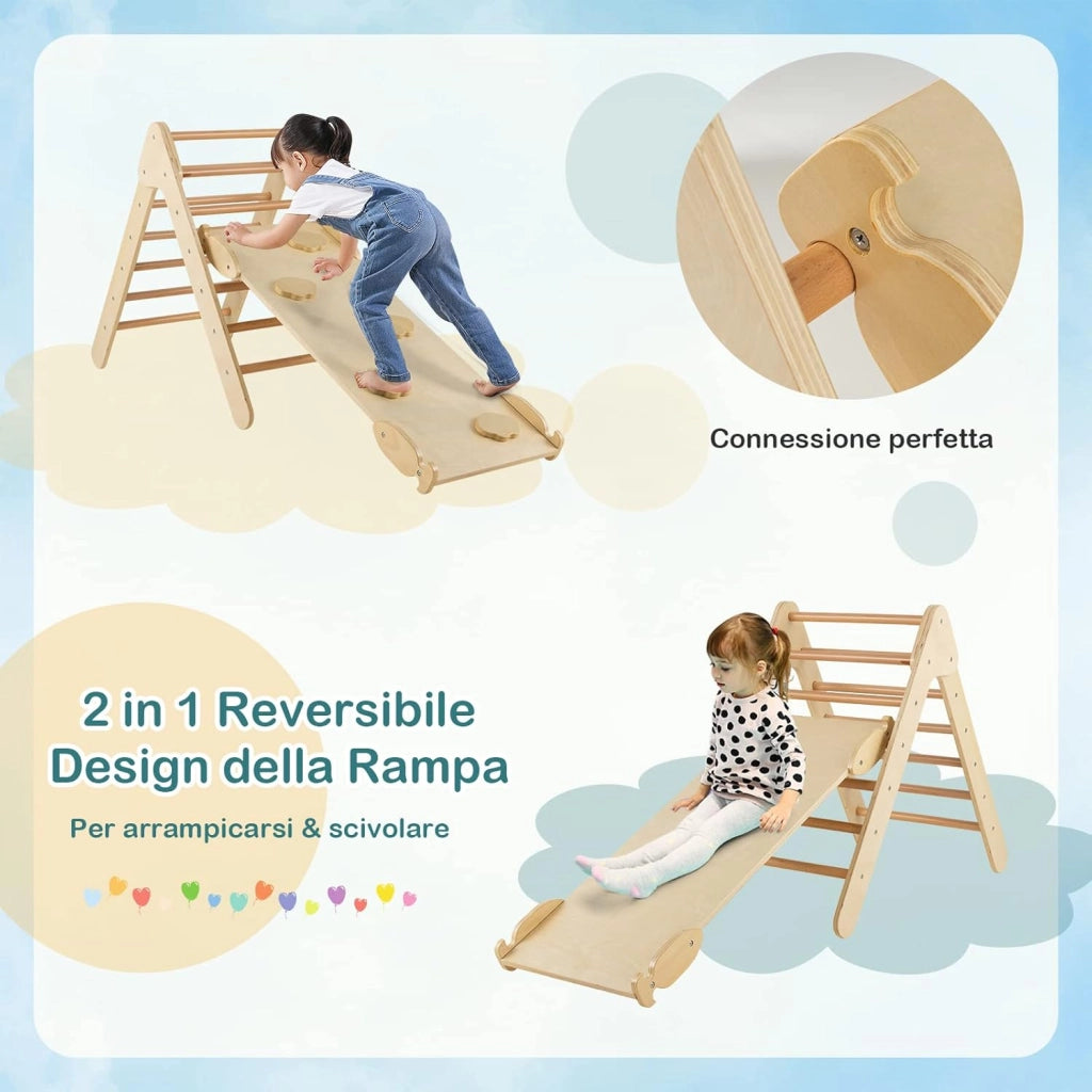 3 in 1 Arrampicata Giocattolo a Triangolo per Bambini, Set di Arrampicata con Rampa di Scivolo a 2 Lati e Inclinazione Regolabile, Arrampicatore per Bambini 1 Anno+ (Naturale)