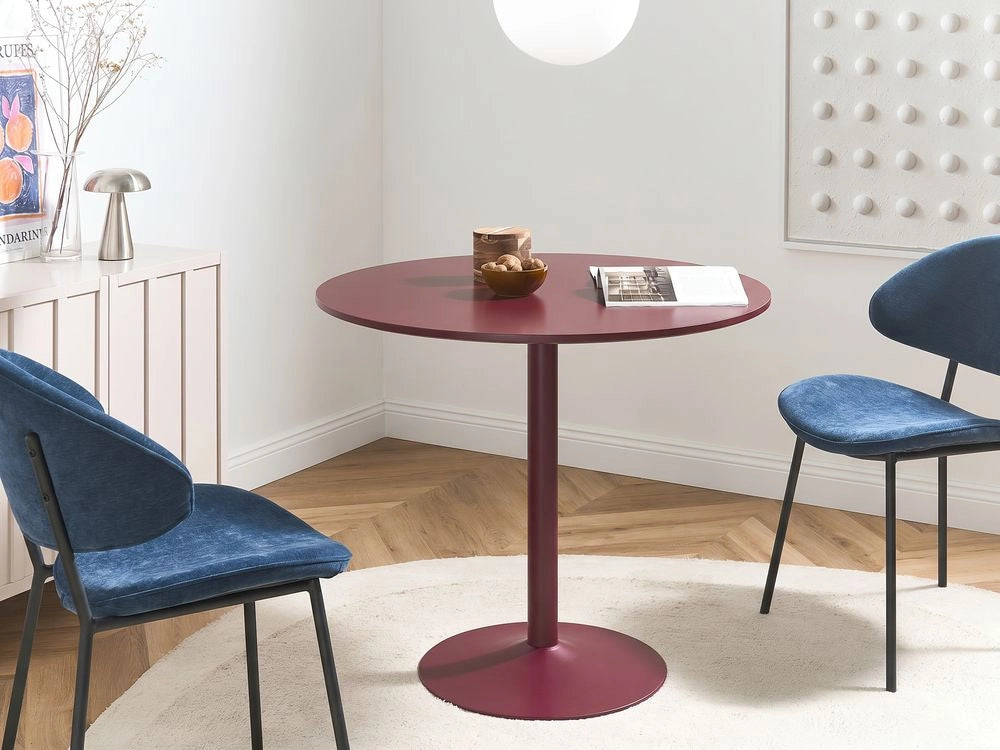 Tavolo da pranzo e da cucina rotondo in stile boho con piano in MDF (ø 90 cm), base in ferro verniciata a polvere e impiallacciatura in bordeaux