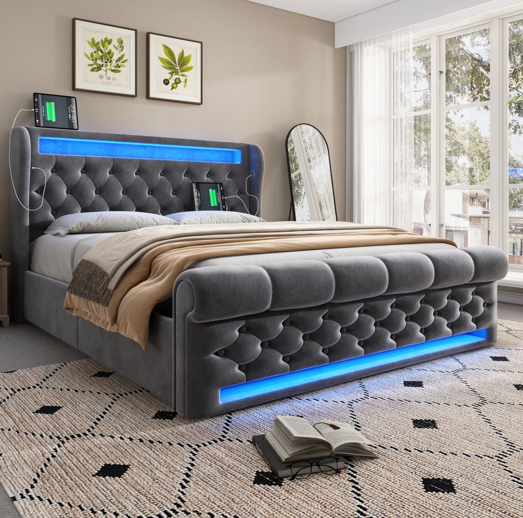 Letto matrimoniale 140x190 cm con LED, USB-C e vano contenitore