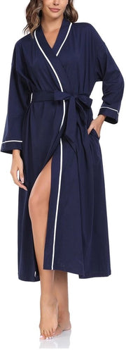 Badia da bagno in cotone 100% per donna, leggera, saia lunga, maniche lunghe, kimono morbido con tasche, indumento da notte per donna (blu marino, S)