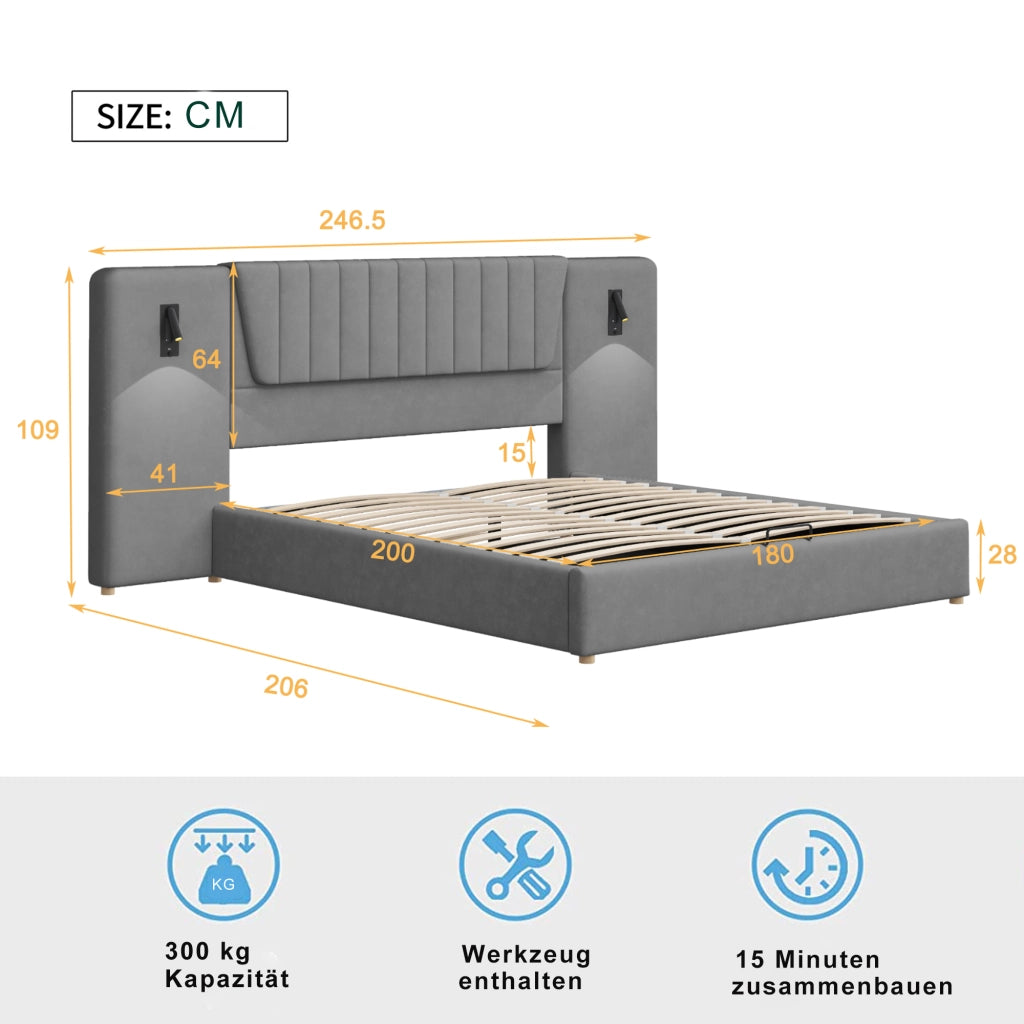 Letto Contenitore 180x200 cm; Letto Matrimoniale; USB; Lampade da Lettura; Grigio