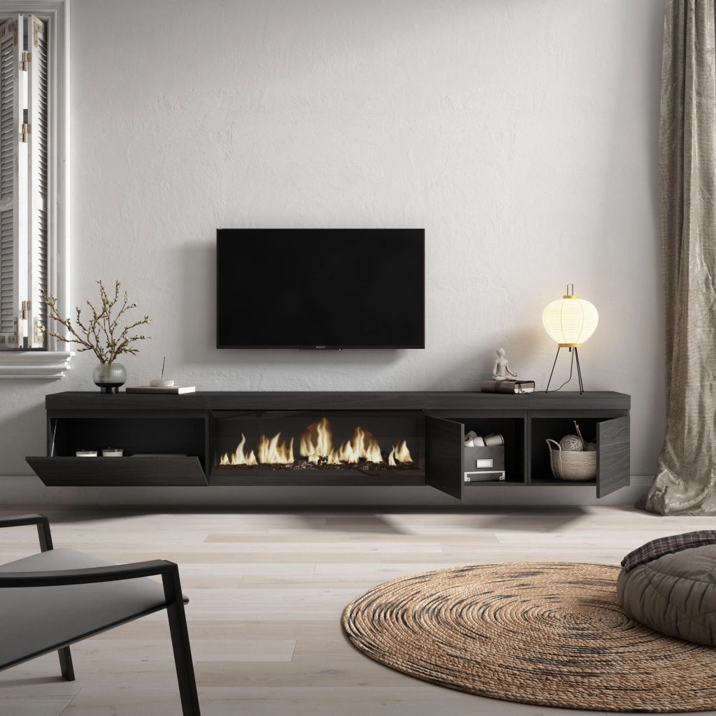 Mobile TV Soggiorno, 288x35x45cm, TV di grande formato, Camino elettrico XXL, da appendere, Nero RF3609