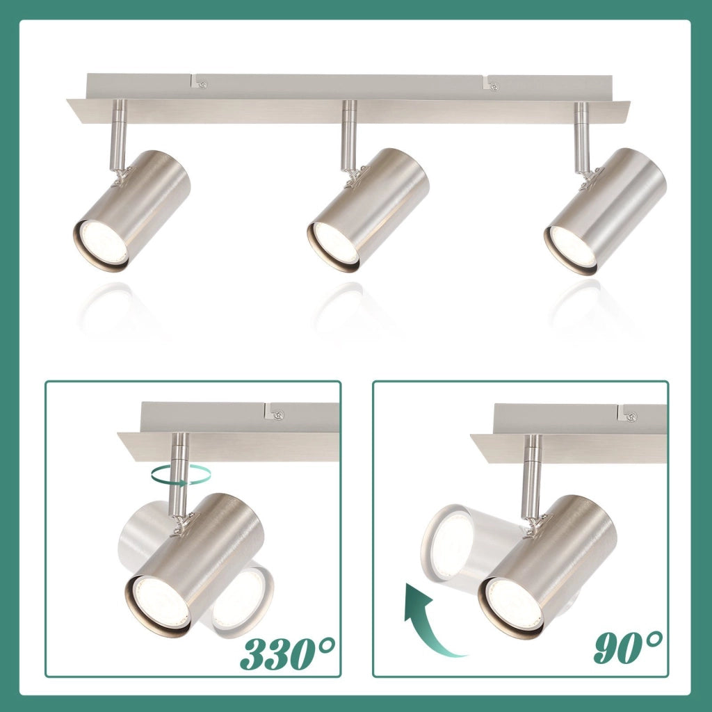 ZMH Lampada da soffitto 3 faretti GU10 nichelati orientabili 330° per corridoi camere letto cucine uffici