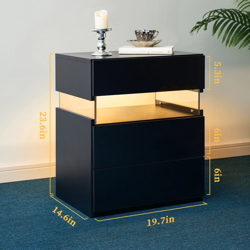 COMODINO LED 3 Cassetti Nero in Legno ingegnerizzato