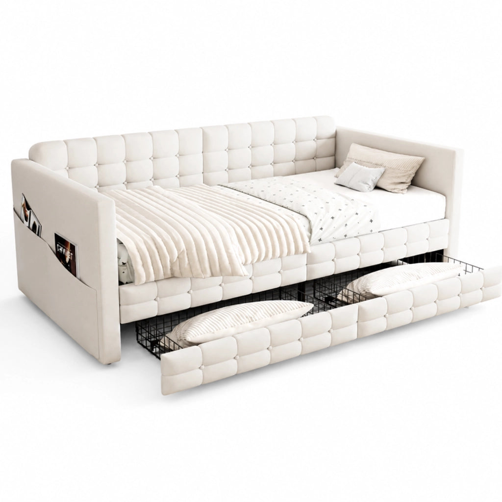 Letto imbottito 90x190 cm con tasche laterali e 2 cassetti in velluto beige