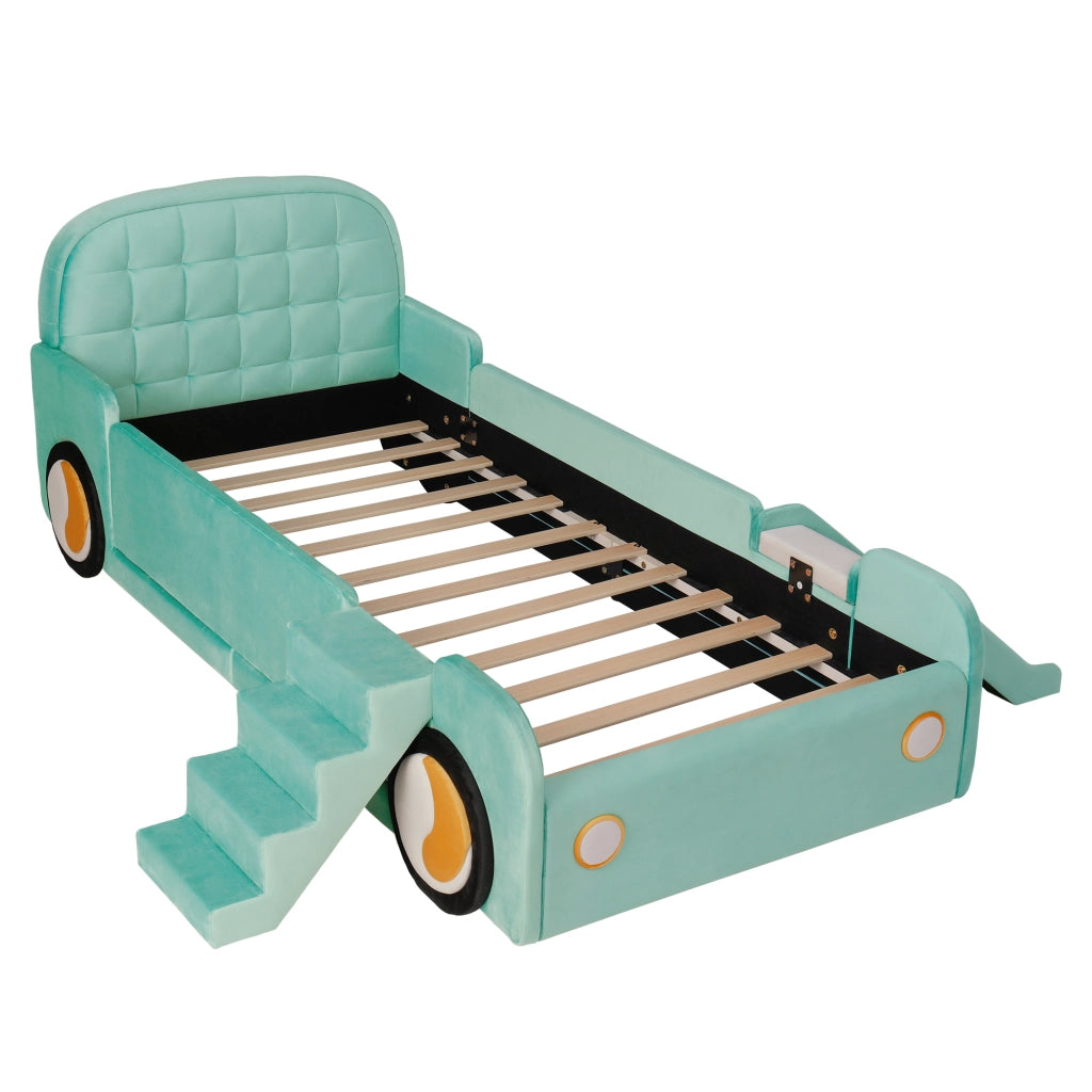 Letto per Bambini 90x200 cm - Scivolo; Scala e Sponde Imbottite - Velluto Blu Verde