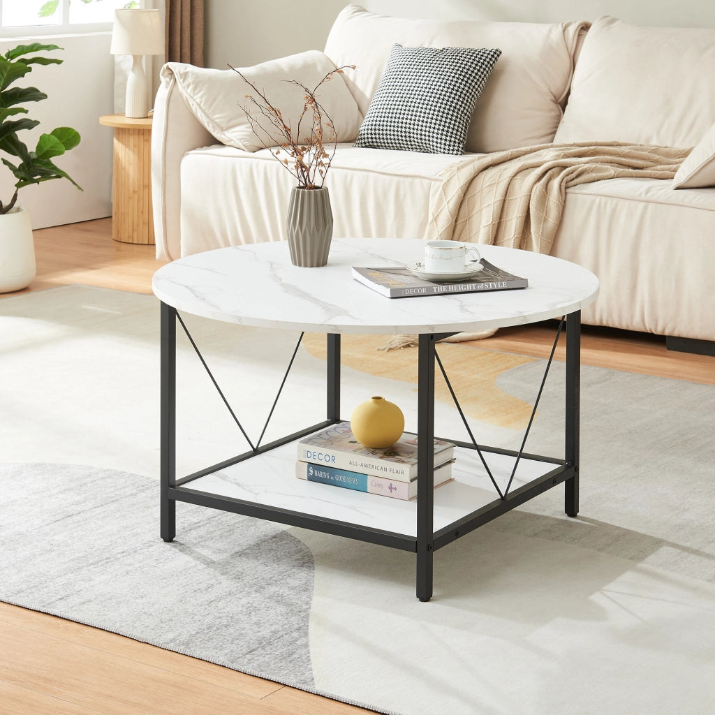 Tavolino da Caffè Filem con Piano Rotondo e Ripiano ØxA: 80 x 46 cm - Effetto Marmo Bianco [en.casa]