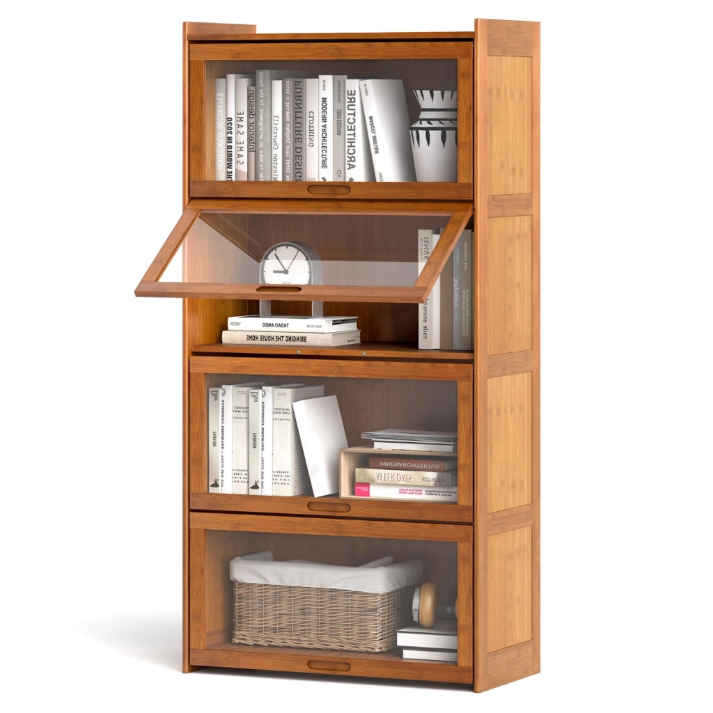 Libreria a 4 ripiani con ante in acrilico trasparente, Libreria in bamb¨´ 140cm per studio e soggiorno Marrone-Scaffali e librerie