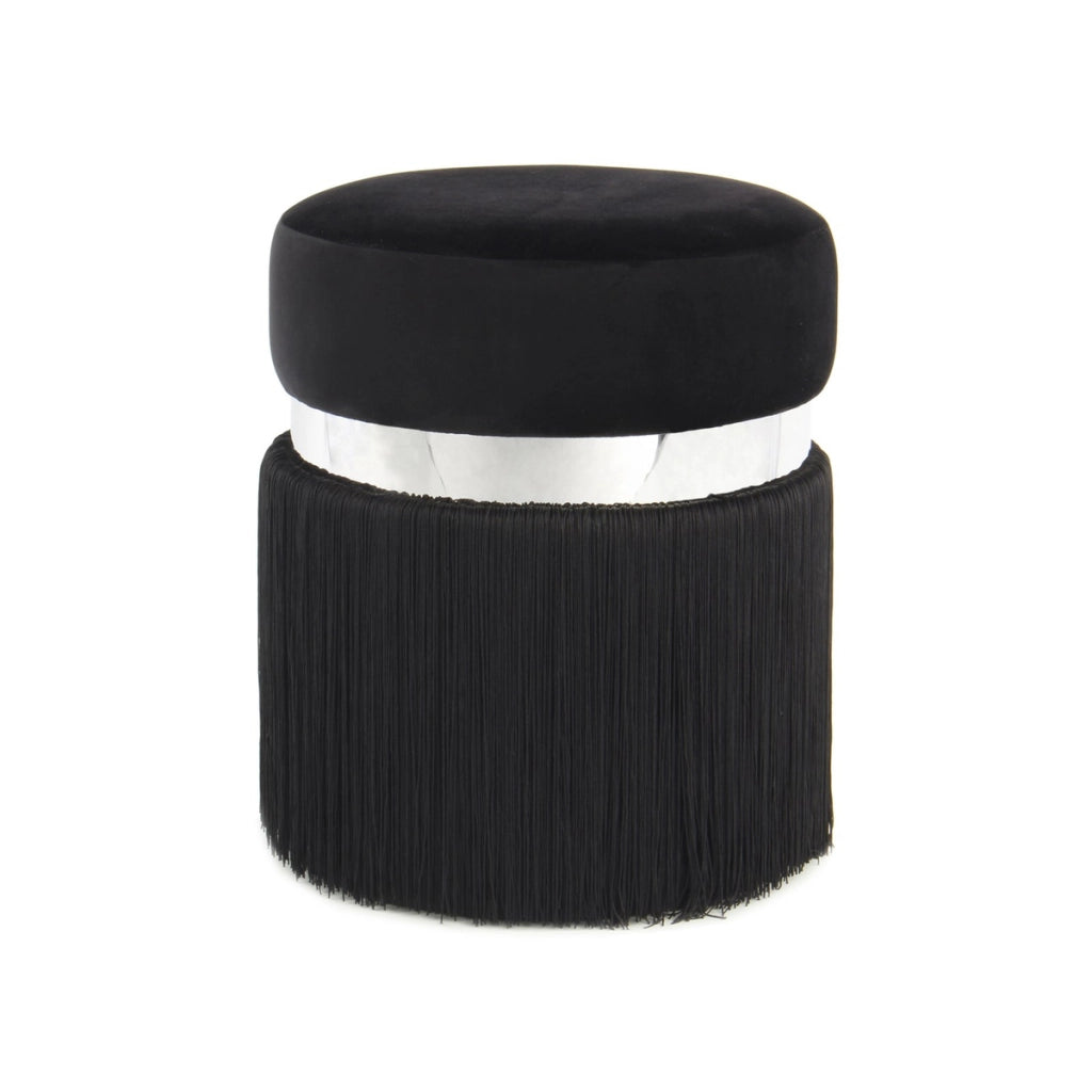 Pouf Rebecca in velluto nero e argento con frange