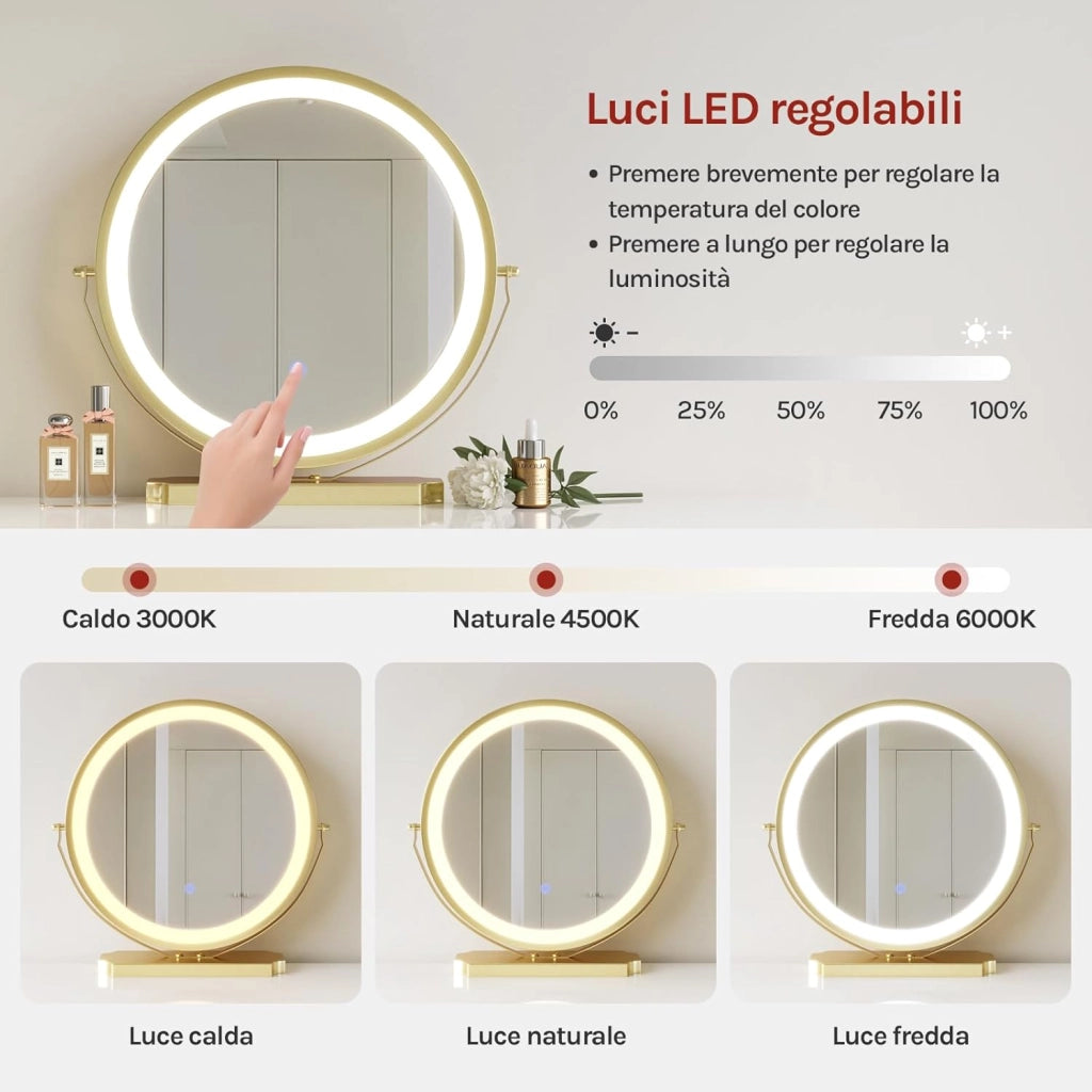 Toeletta Trucco con Luci LED, Luminosità Regolabile, Postazione Tavolo Make Up con Sgabello in Velluto, 3 Cassetti, Facile Montaggio, Moderno, Bianco+Grigio, MB6108gr