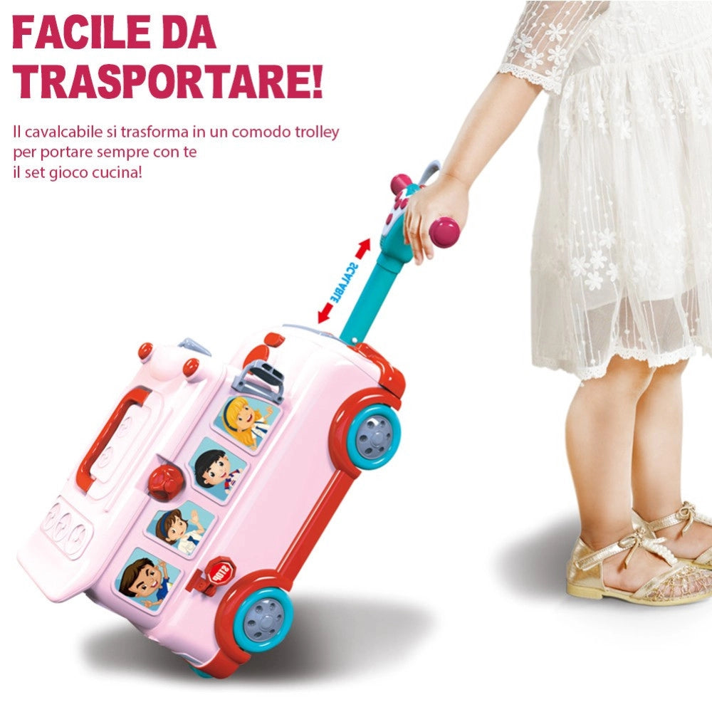 Trade Shop - Cavalcabile Trolley Schoolbus Cucina Giocattolo Bambini 3in1 Luci Suoni Accessori -