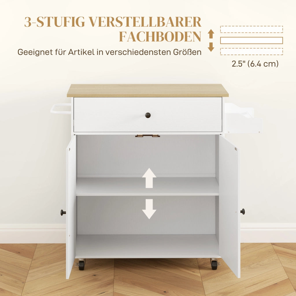 Carrello da Cucina con 1 Cassetto e 2 Ante; Piano Ribaltabile e Ripiano Regolabile; 106x42x87 cm; Bianco