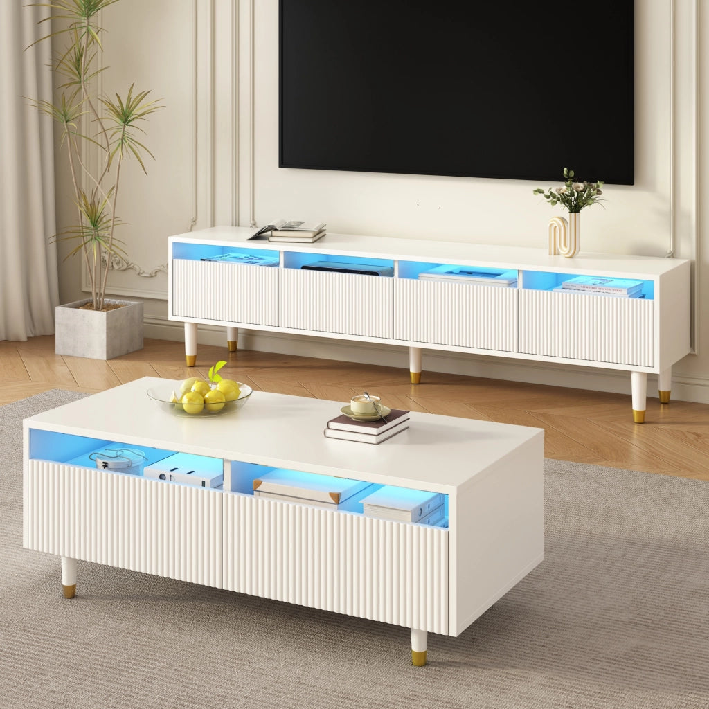 OKWISH Set di 2 Mobili da Soggiorno con Mobile TV a 4 Ante e Tavolino con 2 Cassetti, LED, MDF Bianco