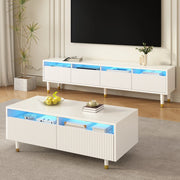 OKWISH Set di 2 Mobili da Soggiorno con Mobile TV a 4 Ante e Tavolino con 2 Cassetti, LED, MDF Bianco