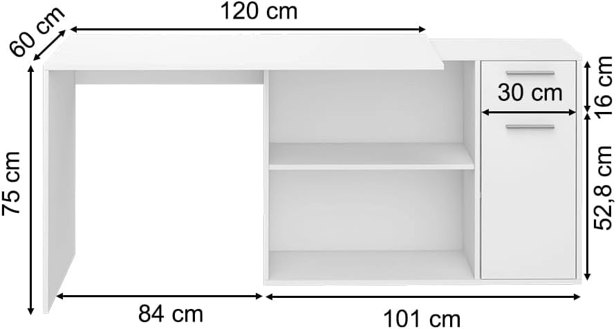 Scrivania angolare Robin, Bianco, 120 x 60 cm, con cassetto estraibile e possibilità di posizionamento variabile