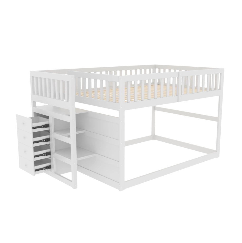 Letto a castello 140x200 cm con scala e sponde alte in legno bianco
