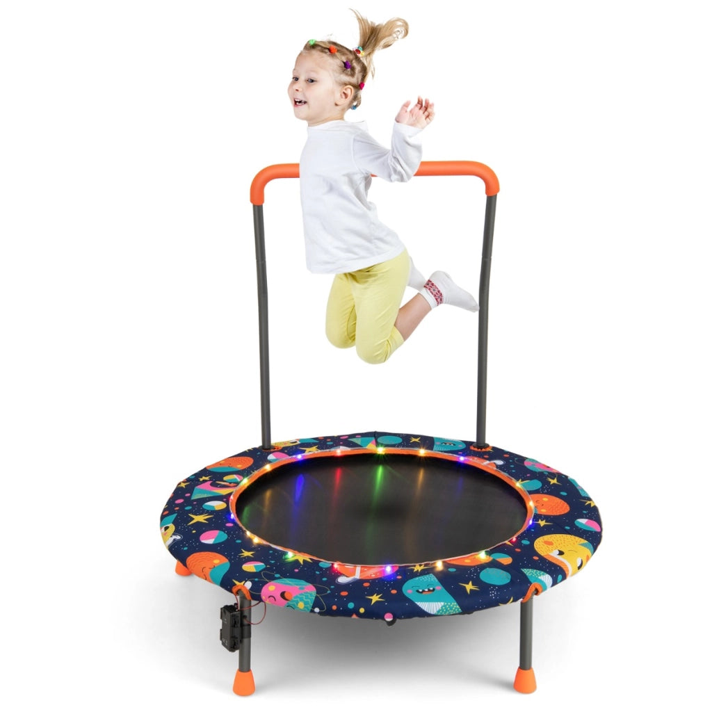 Trampolino per bambini da 92 cm con luci led tappeto rotondo per saltare, Mini trampolino per bambini 3-6 anni Blu scuro-Trampolini