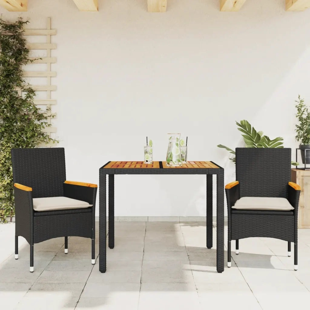 Set Pranzo da Giardino 3 pz | Set Salotto da Giardino con Cuscini Nero Polyrattan Acacia