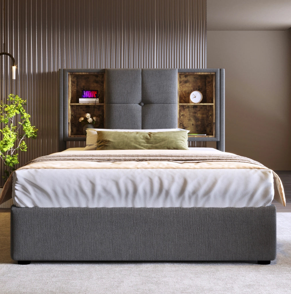 Letto singolo ULEVR 90x200 cm con contenitore a gas, ricarica wireless, 2 USB e Type-C, cotone grigio