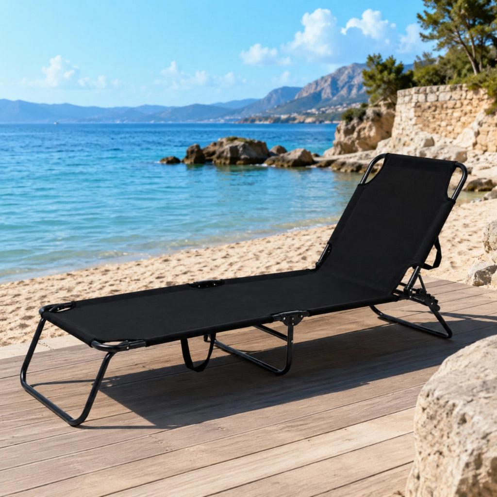 Lettino Prendisole Pieghevole Con Tettuccio Parasole Schienale Reclinabile Regolabile Telaio In Metallo Nero 187 x 53 x 24 Cm Nero