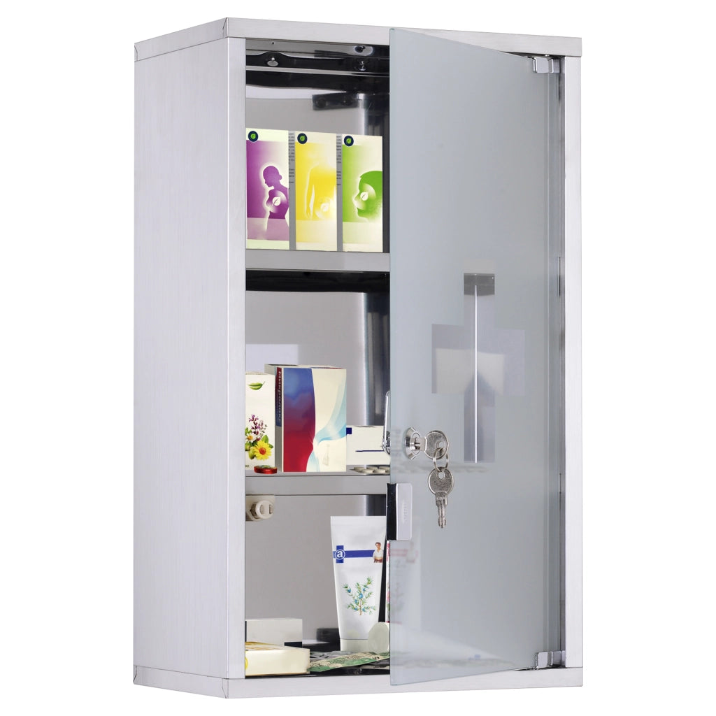 Armadietto per medicinali in acciaio inox con 3 ripiani e ante in vetro ¨C zephmum ¨C 30x18x50 cm
