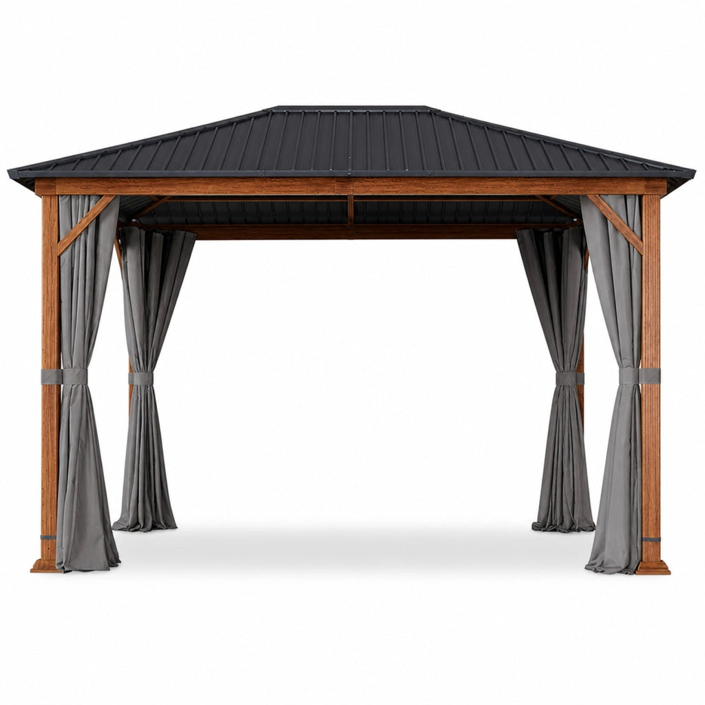 Gazebo Per Giardino 3x4 Metri Con Struttura Effetto Legno Tetto In Acciaio Zincato E Tende Laterali Impermeabili Adatto A Patio Terrazza E Outdoor 300 x 400 x 295 Cm Effetto Legno E Grigio