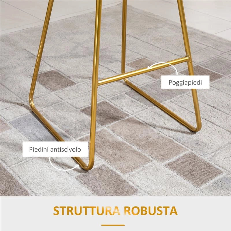 SET 2 SGABELLI CON POGGIAPIEDI E STRUTTURA IN METALLO DORATO CUSCINO IN VELLUTO