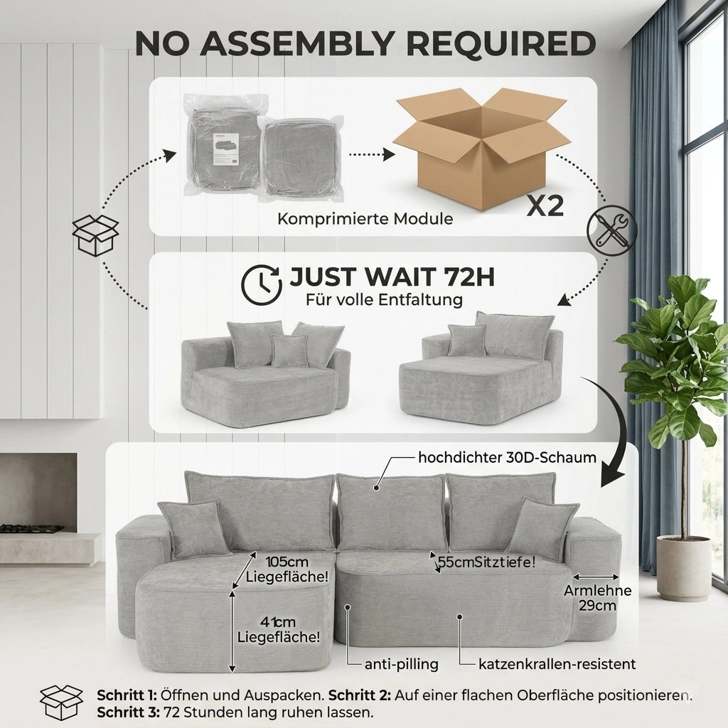 Divano angolare modulare con chaise longue, senza montaggio, tasche laterali, in Ciniglia Grigio 262 × 144 × 65 cm