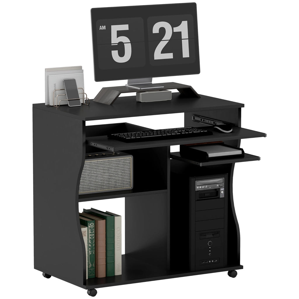 Scrivania Porta PC con Ruote e Ripiani, Tavolo per Computer Salvaspazio, 80 x 48 x 75 cm, Nero