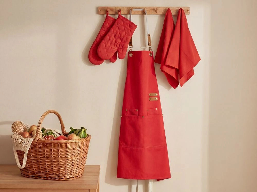 Set da cucina Grembiule Guanti da forno e strofinacci rosso tessuti da cucina