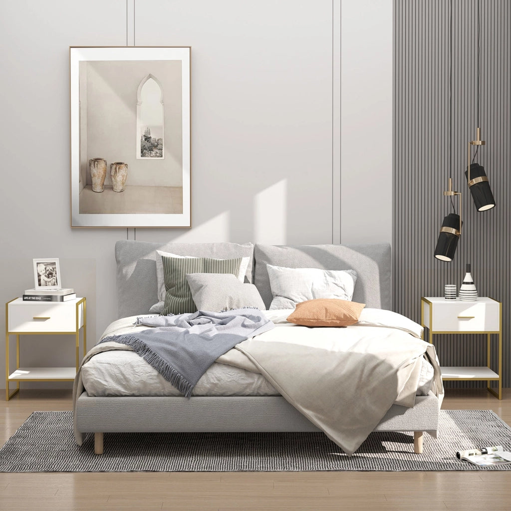 Set 2 Comodini Moderni con Cassetto e Ripiano Aperto 45x40x60 cm in MDF e Acciaio Bianco e Oro
