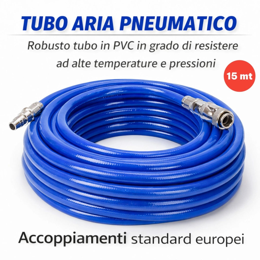 Tubo Aria Compressa 15m PVC Rinforzato 300 PSI Attacco Rapido 1/4'' 10x15 mm