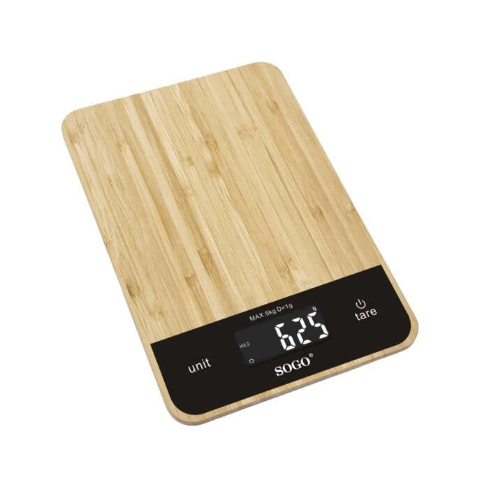 Bilancia da cucina digitale 5 kg con precisione 1 g, superficie in bambù e display touch LCD, funzione tara - Sogo