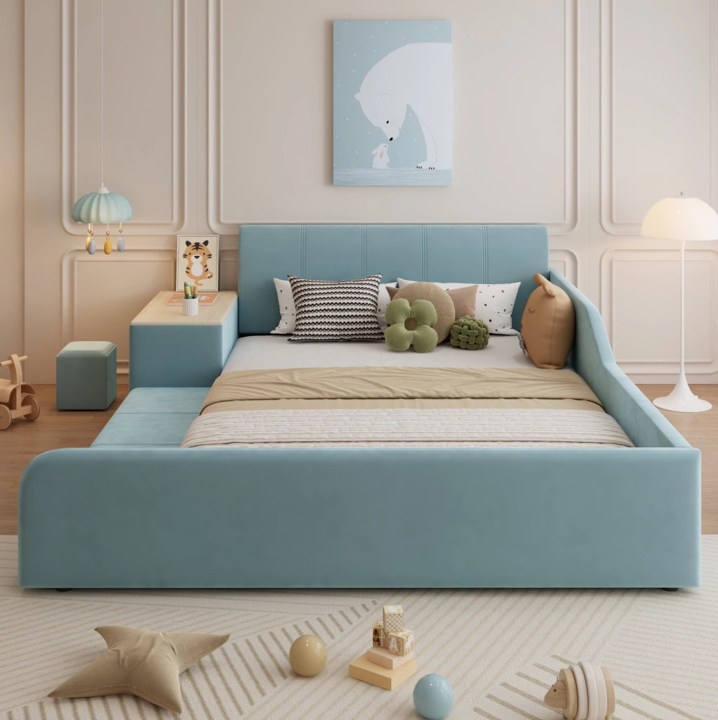 Letto imbottito 140x200 cm blu in velluto con scrivania laterale e sgabello