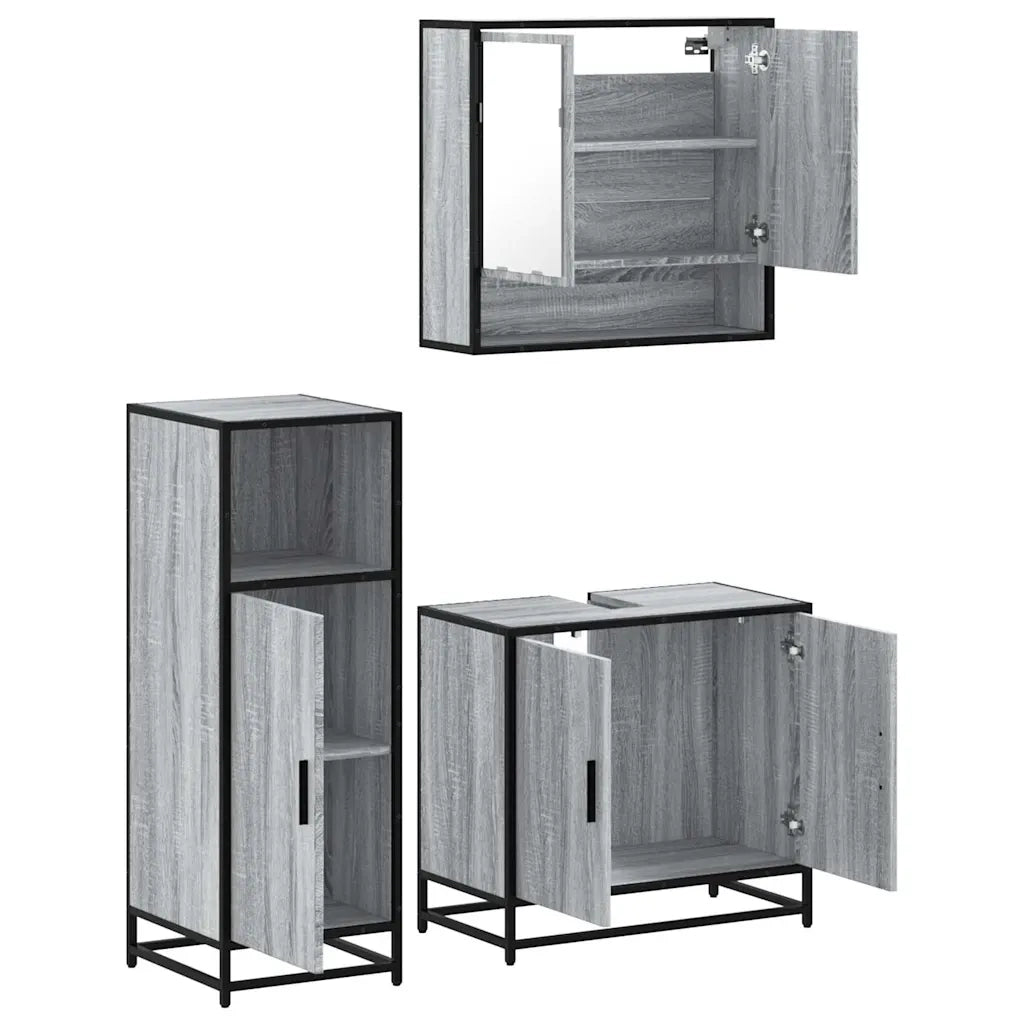 Set Mobili da Bagno | Armadio da bagno 3 pz Grigio Sonoma in Legno Multistrato