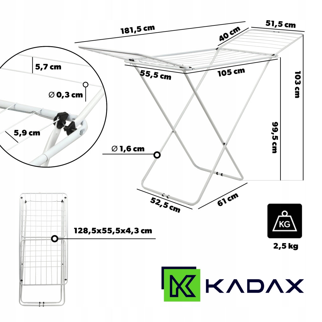 Stendibiancheria verticale KADAX, stabile, 182 cm, pieghevole, grande